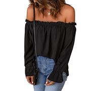 JECTZ Maglietta Tunica Casual Estiva con Spalle Scoperte Top con Maniche Svasate Camicia in Chiffon Sexy con Spalle Scoperte da Donna Top con Spalle Scoperte da Donna(Black/2XL)