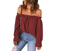 JECTZ Maglietta Tunica Casual Estiva con Spalle Scoperte Top con Maniche Svasate Camicia in Chiffon Sexy con Spalle Scoperte da Donna Top con Spalle Scoperte da Donna(Red/S)