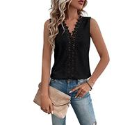 JECTZ Top Estivo da Donna Casual in Pizzo Chiffon Manica Corta con Scollo a V Camicette da Donna Camicie Larghe da Donna Sexy con Scollo a V Canotta Camicetta di Pizzo Floreale(Black/XXL)