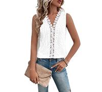 JECTZ Top Estivo da Donna Casual in Pizzo Chiffon Manica Corta con Scollo a V Camicette da Donna Camicie Larghe da Donna Sexy con Scollo a V Canotta Camicetta di Pizzo Floreale(White/XL)