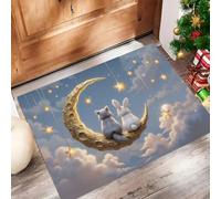 JEDTAKCT 80X120Cm Zerbino Ingresso Interno Antiscivolo Assorbente, Tappeto Microfibra Sottile Lavabile Con Animali Delle Fiabe Cielo Stellato Gatto Coniglio Luna Per Cucina Bagno Porta Animali, Blu