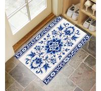 JEDTAKCT 90X150Cm Zerbino Ingresso Interno Antiscivolo Assorbente, Tappeto Microfibra Sottile Lavabile Con Distintivo Floreale Tradizionale Confine Esotico Per Cucina Bagno Porta Animali, Blu Navy