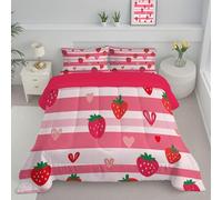 JEDTAKCT Copriletto Una Piazza E Mezzo Fragola Disegnata A Mano Trapunte Microfibra Lavabile Strisce Di Frutta Piumoni Trapunta Durevole Piumino Quattro Stagioni Copriletti Magenta 140X200