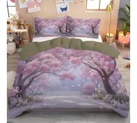 JEDTAKCT Copripiumino Matrimoniale Foresta Ciliegi Fiore Sogno 260X220Cm Microfibra Morbida Set Copripiumino Paesaggio Naturale Biancheria Da Letto Reversibile Copri Piumino Con Federe, Fard Polvere