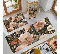JEDTAKCT Fiori Dipinti A Mano Tappeti Da Cucina Set Di 2 Tappeti Stuoie Per Barocco Vintage Set Di Tappetini Per Corridoio Lavabili Antiscivolo Tappetini Per Ingresso, Verde Scuro, 43X75+43X150Cm