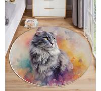 JEDTAKCT Gatto Acquerello Tappeto Rotondo Salotto, Animale Fantasy Morbido Pelo Corto Tappetini Antiscivolo Tappeti Per Bambini Cameretta Cucina Casa Zona Tappet Tavolino, 100 Cm, Beige