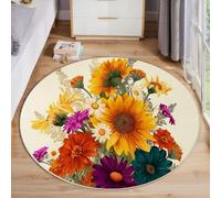 JEDTAKCT Grandi Tappeti Rotondo Tappeto Soggiorno In Bouquet Di Girasoli 200 Cm, Tappeto Camera Da Letto In Piante Semplici Antiscivolo Sottile Lavabile Morbido Tappeti Da Bagno Beige