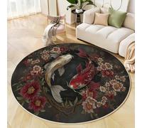 JEDTAKCT Grandi Tappeti Rotondo Tappeto Soggiorno In Sakura Koi 100 Cm, Tappeto Camera Da Letto In Yin Yang Giapponese Antiscivolo Sottile Lavabile Morbido Tappeti Da Bagno Marrone