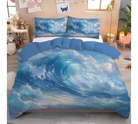 JEDTAKCT Onde Oceaniche 3D Impetuose 3 Pezzi Set Di Biancheria Da Letto Per Bambini Confortevole, Disegno Paesaggio Naturale Azzurro Cielo, Morbida Microfibra Per Adulti E Bambini Singolo 135X200Cm