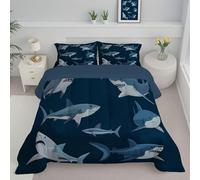 JEDTAKCT Piumino Letto Singolo Tema Squalo 140X200 Per 4 Stagioni, Piumone In Microfibra 200 G/M² Animali Dell'Oceano Invernale, Trapunta In Microfibra Morbida Traspirante, Blu Navy