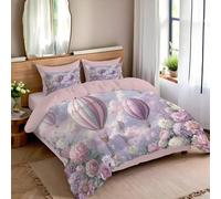 JEDTAKCT Romantico Cielo Floreale 3 Pezzi Set Di Biancheria Da Letto Per Bambini Confortevole, Disegno Mongolfiera Vintage Fard In Polvere, Morbida Microfibra Per Adulti E Bambini Singolo 135X200Cm