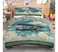 JEDTAKCT Set Copripiumino Singolo 135X200Cm Aeroplano Mongolfiera Microfibra Morbido Traspirante 3D Copripiumino Illustrazione Retrò Biancheria Da Letto Con 2 Federe Blu-Verde 50X80Cm