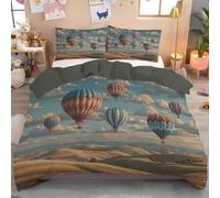 JEDTAKCT Set Copripiumino Singolo 135X200Cm Campo Di Grano Di Campagna Microfibra Morbido Traspirante 3D Copripiumino Mongolfiera D'Epoca Biancheria Da Letto Con 2 Federe Azzurro Cielo 50X80Cm