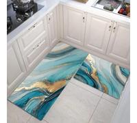 JEDTAKCT Set Di 2 Tappeti Da Cucina Antifatica Onda In Lamina D'Oro 3D, Tappetini Da Cucina Per La Della Casa, Turchese, Antiscivolo Tappetini Da L'Ufficio (Marmo Lussuoso, 43X75Cm+43X150Cm)