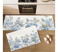 JEDTAKCT Set Di 2 Tappetino Da Cucina Con Aiuole Acquerello Campagna, Tappetini E Zerbini Paesaggio Vegetale Bianco Blu Per Interni Pavimento Bagno, Tappeto Da Cucina Antiscivolo Set, 40X60+40X120Cm