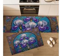 JEDTAKCT Set Di 2 Tappetino Da Cucina Con Bordo Iride Retrò, Tappetini E Zerbini Botanica Gotica Blu-Viola Per Interni Pavimento Bagno, Tappeto Da Cucina Antiscivolo Set, 40X60+40X120Cm