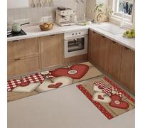 JEDTAKCT Set Di 2 Tappetino Da Cucina Con Cuore Vintage Country, Tappetini E Zerbini Patchwork Effetto Legno Marrone Per Interni Pavimento Bagno, Tappeto Da Cucina Antiscivolo Set, 43X75+43X150Cm