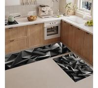 JEDTAKCT Set Di 2 Tappetino Da Cucina Con Rilievo Geometrico Astratto 3D, Tappetini E Zerbini Poligono Moderno Nero Per Interni Pavimento Bagno, Tappeto Da Cucina Antiscivolo Set, 50X80+50X150Cm