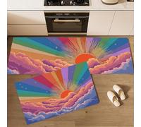 JEDTAKCT Set Di 2 Tappetino Da Cucina Con Sole Arcobaleno Retrò, Tappetini E Zerbini Strisce Psichedeliche Arancione-Blu Per Interni Pavimento Bagno, Tappeto Da Cucina Antiscivolo Set, 50X80+50X150Cm
