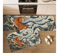 JEDTAKCT Set Di Tappeti Da Cucina 2 Pezzi Con Passatoia Paesaggio Animale Orientale | Set Di Tappetini Da Cucina Lavabili Tigre Cascata Pino, Zerbino Antiscivolo Blu Scuro Per Interni Lavanderia