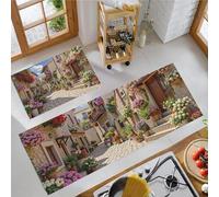 JEDTAKCT Set Di Tappeti Da Cucina 2 Pezzi Strade Di Una Città Europea Tappetini Morbidi Antiscivolo Paesaggio Rurale Tappeto Assorbente Per Cucina Lavello Corridoio Lavanderia 50X80+50X150Cm, Beige