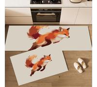 JEDTAKCT Set Di Tappeti Da Cucina Semplice Volpe In Corsa Tappetino Antiscivolo Lavabile 2 Pezzi, Tappeti Resistenti Anti-Fatica Animale Disegnato A Mano Beige Per Cucina Corridoio, 43X75+43X150Cm