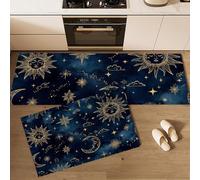 JEDTAKCT Set Di Tappeti Da Cucina Sole Luna E Stelle Retrò Tappetino Antiscivolo Lavabile 2 Pezzi, Tappeti Resistenti Anti-Fatica Universo Misterioso Blu Indaco Per Cucina Corridoio, 44X75+44X120Cm