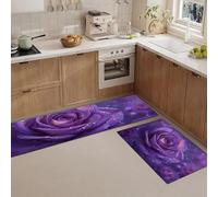 JEDTAKCT Tappeti E Tappetini Da Cucina Romanticismo Gocce D'Acqua Rose Viola, 2 Pezzi, Lavabile Antiscivolo Anti-Affaticamento, Tappetino Da Cucina Piante Da Sogno Per Lavello Ufficio, 44X75+44X120Cm