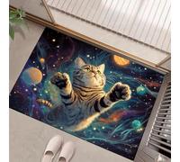 JEDTAKCT Tappeti Pianeta Gatto Per Il Soggiorno 90X150Cm Tappeto Animali Spaziali Antiscivolo Tappeto Zerbino Per Porta Lavabile In Lavatrice Tappeti Morbidi A Pelo Corto Turchese