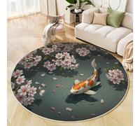 JEDTAKCT Tappeto Koi Cinese Per Soggiorno Rotondo 160 Cm, Tappetini Fiore Di Ciliegio Da Sogno Antiscivolo Lavabile In Lavatrice Morbido A Pelo Basso Per Camera Da Letto, Ufficio, Grigio Scuro
