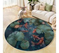 JEDTAKCT Tappeto Rotondo Da 160 Cm, Con Koi Foglie Di Loto Paesaggio Animale, Tappetini Antiscivolo Morbido Lavabile In Lavatrice Per Soggiorno Camera Da Letto Cameretta Dei Bambini, Verde Scuro