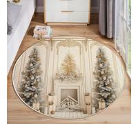 JEDTAKCT Tappeto Rotondo Elegante Albero Di Natale Morbido, Facile Da Pulire Non Scolorisce Antiscivolo, Motivo Camino Barocco, Beige, 200 Cm, Tappeto Grande Pelo Corto Per Soggiorno