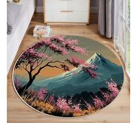 JEDTAKCT Tappeto Rotondo Fiori Di Ciliegio In Inchiostro Morbido, Facile Da Pulire Non Scolorisce Antiscivolo, Motivo Paesaggio Monte Fuji, Rosa Blu, 60 Cm, Tappeto Grande Pelo Corto Per Soggiorno