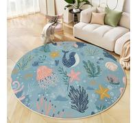 JEDTAKCT Tappeto Rotondo Salotto, Morbido Balena Medusa Tappetini Antiscivolo Simpatico Tema Oceanico Tappeto Per Bambini Cameretta Cucina Casa Zona Balcone Tappet Tavolino, Azzurro Chiaro, 100 Cm