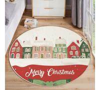 JEDTAKCT Tappeto Salotto Biglietto Di Natale Rotondo Pelo Corto Morbido Design Città Carina Tappeti Lavabile Antiscivolo Rosso Ciliegia Per Soggiorno Camera Da Letto Per La Decorazione 120 Cm
