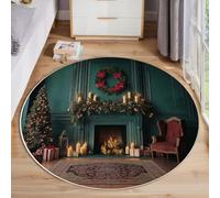 JEDTAKCT Tappeto Salotto Camino D'Epoca Rotondo Pelo Corto Morbido Design Ghirlanda Natalizia Tappeti Lavabile Antiscivolo Verde Smeraldo Per Soggiorno Camera Da Letto Per La Decorazione 60 Cm