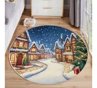 JEDTAKCT Tappeto Salotto Città Dei Cartoni Animati Rotondo Pelo Corto Morbido Design Via Di Natale Tappeti Lavabile Antiscivolo Blu Cobalto Per Soggiorno Camera Da Letto Per La Decorazione 80 Cm