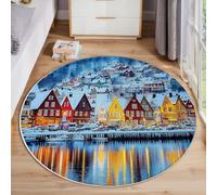 JEDTAKCT Tappeto Salotto Città Di Mare Rotondo Pelo Corto Morbido Design Città Invernale Tappeti Lavabile Antiscivolo Grigio-Blu Per Soggiorno Camera Da Letto Per La Decorazione 120 Cm