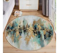 JEDTAKCT Tappeto Salotto Città In Lamina D'Oro Rotondo Pelo Corto Morbido Design Paesaggio Astratto Tappeti Lavabile Antiscivolo Verde Acqua Per Soggiorno Camera Da Letto Per La Decorazione 160 Cm