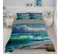 JEDTAKCT Trapunta Matrimoniale Per Bambini, Con Stampa Dipinto A Olio 3D Onde, Trapunta, 4 Stagioni, Paesaggio Di Spiaggia, Piumone Turchese, Letto 200X200 Federa, Reversibile Piumino Senza Copertina