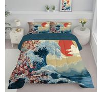 JEDTAKCT Trapunta Matrimoniale Per Bambini, Con Stampa Onde Ukiyo-E, Trapunta, 4 Stagioni, Fiori Di Ciliegio Giapponesi, Piumone Blu Navy, Letto 200X200 Federa, Reversibile Piumino Senza Copertina