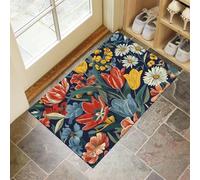 JEDTAKCT Zerbino Decorativo Tulipani Margherite, Tappeto A Blu Scuro, Tappetino Antiscivolo Con Motivo Arte Floreale Giapponese Per Interni, Zerbino Lavabile Ingresso Decorazione Casa 50X80Cm