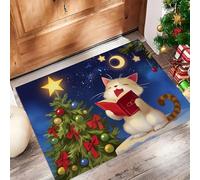 JEDTAKCT Zerbino Natalizio, Tappeto Ingresso Carino Gatto Albero Di Natale, Tappeto Cucina Animale Notturno Antiscivolo, Zerbino Benvenuto, Tappeti Blu Navy Per Vacanze Soggiorno Lavanderia, 50X80Cm