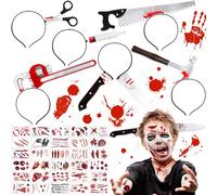 JEDWKFA 6 Pezzi Fascia Spaventosa di Halloween, Cerchietto Halloween Coltello, 30 Tatuaggi, Decorazioni Spaventose, per Carnevale, Mascherata, Gioco di Ruolo
