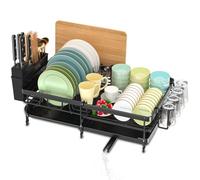 JEDWKFA Scolapiatti da appoggio, Scolapiatti Pieghevole, Con Vassoio Estraibile Per Lavello, Scaffale per Tagliere e Portaposate,Beccuccio Di Drenaggio Girevole, accessori cucina, Nero