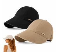 Jeeeun 2 Pack Wide Brim Sun Visors for Women - Adjustable Ponytail Hats (Black + Khaki)