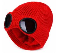 Jeeeun Beanie with Goggles, Windproof Fleece-Lined Winter Knit Hat (Red)