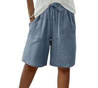 Jeeeun Bermuda Shorts for Women, Knee Length High Waisted Cotton Linen Summer Casual with Pockets Elastic Waist Easy to Wear (Light Blue,3XL)