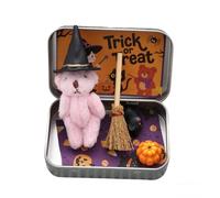Jeeeun Halloween Teddy Bear in a Box for Trick or Treat, Mini Witch Bear in Box with Wizard Hat Broom Pumpkin & Cat Decor (Pink)