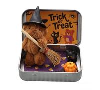 Jeeeun Halloween Teddy Bear in a Box for Trick or Treat, Mini Witch Bear in Box with Wizard Hat Broom Pumpkin & Cat Decor (Brown)